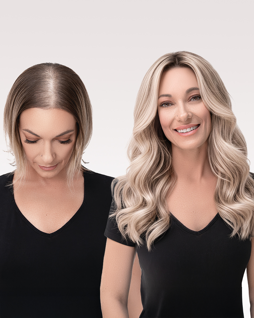 Before and after: visible thinning at the part on the left, natural full coverage on the right after a custom hair topper